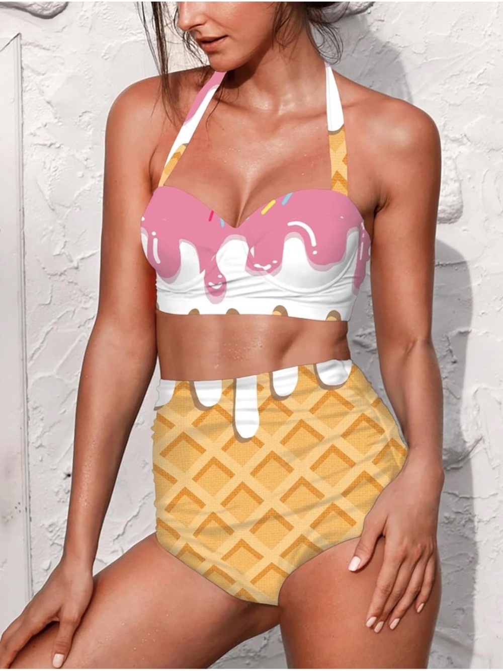 Women's Retro Ruched Ruffle Ice Cream Print High-Waist Bikini Set